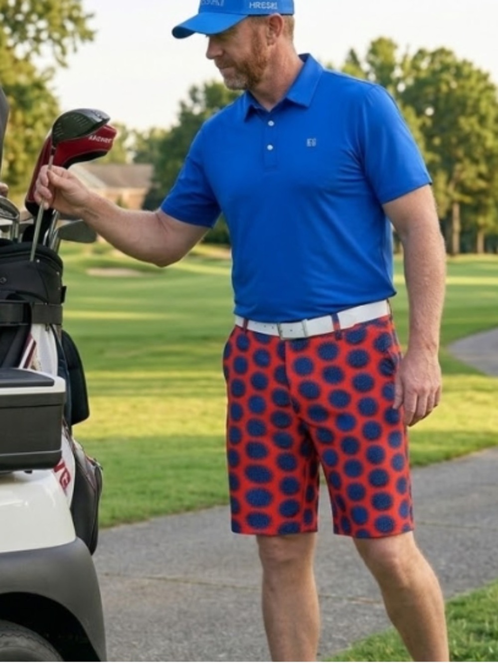 Hreski Shorts Blue Dots on Red Polka Golf Shorts 10” size 42